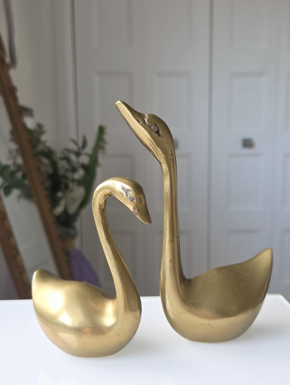Vintage Pair Of MCM Brass Swans